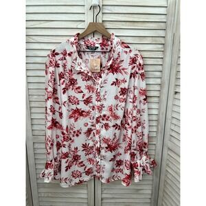 NWT BloomChic Floral Blouse 22-24 3X White Red Plus Size Ruffle Long Sleeve